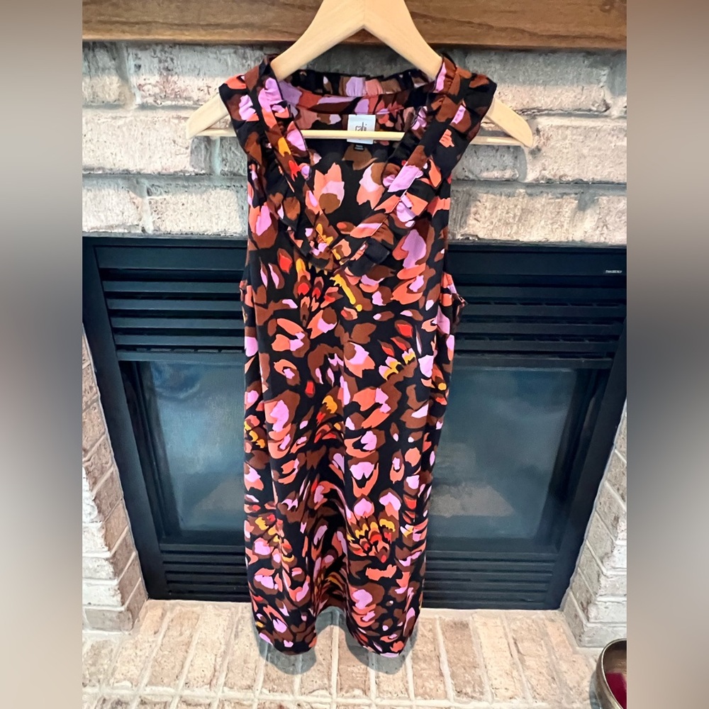 CAbi Brown Floral Midi Dress with Pink & Orange Accents